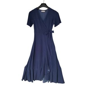 Polka Dot Midi Wrap Dress Womens S-L NavyBlue Ruffle Brunch Tea Party Derby Chic